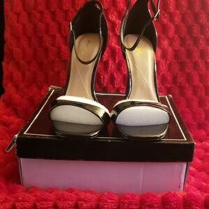 Black Patent Ankle-Strap Heels with White Toe Accent